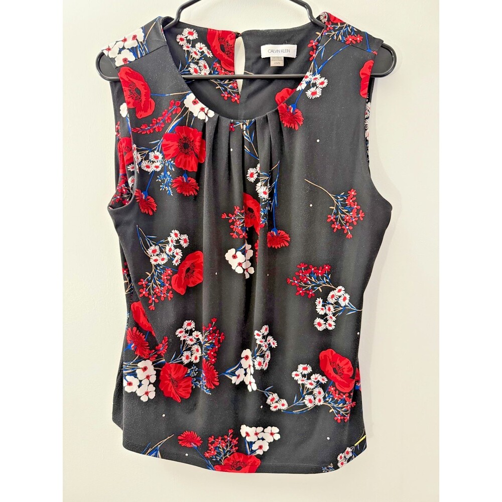 Calvin Klein Floral whimsygoth Top Women's Large Black Office Sleeveless Preppy